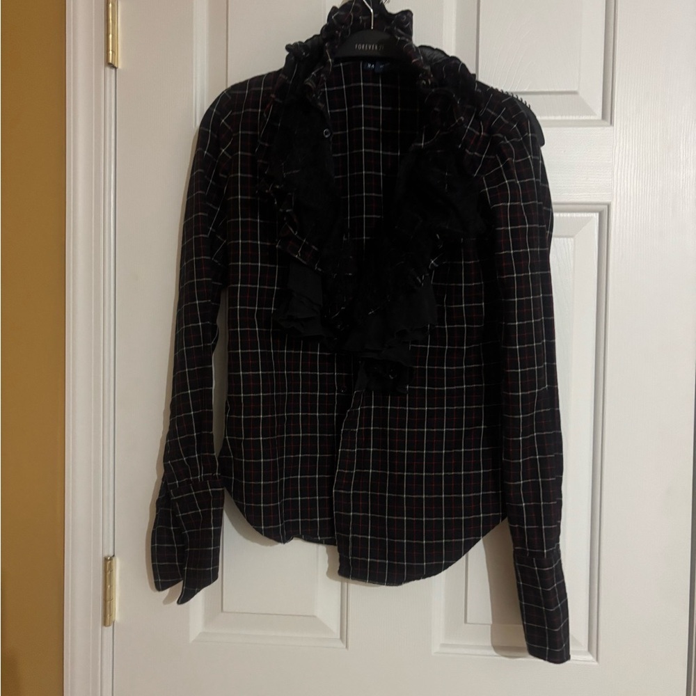 Ralph Lauren Black Checkered Ruffle Blouse